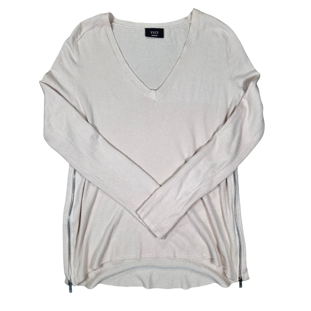 VICI Cashmere Sweater Long Sleeve Women's Medium Cream Zipper Boxy V-Neck Luxury